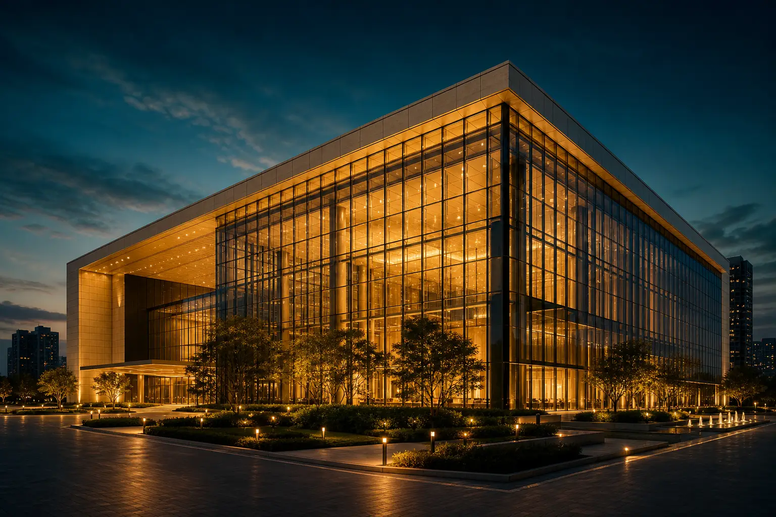 Jio World Convention Centre at dusk